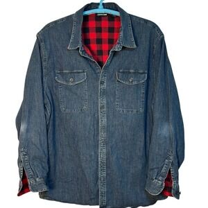 Lands' End‎ Denim Shirt Jacket Buffalo Plaid Lined Long Sleeve Shacket XXL